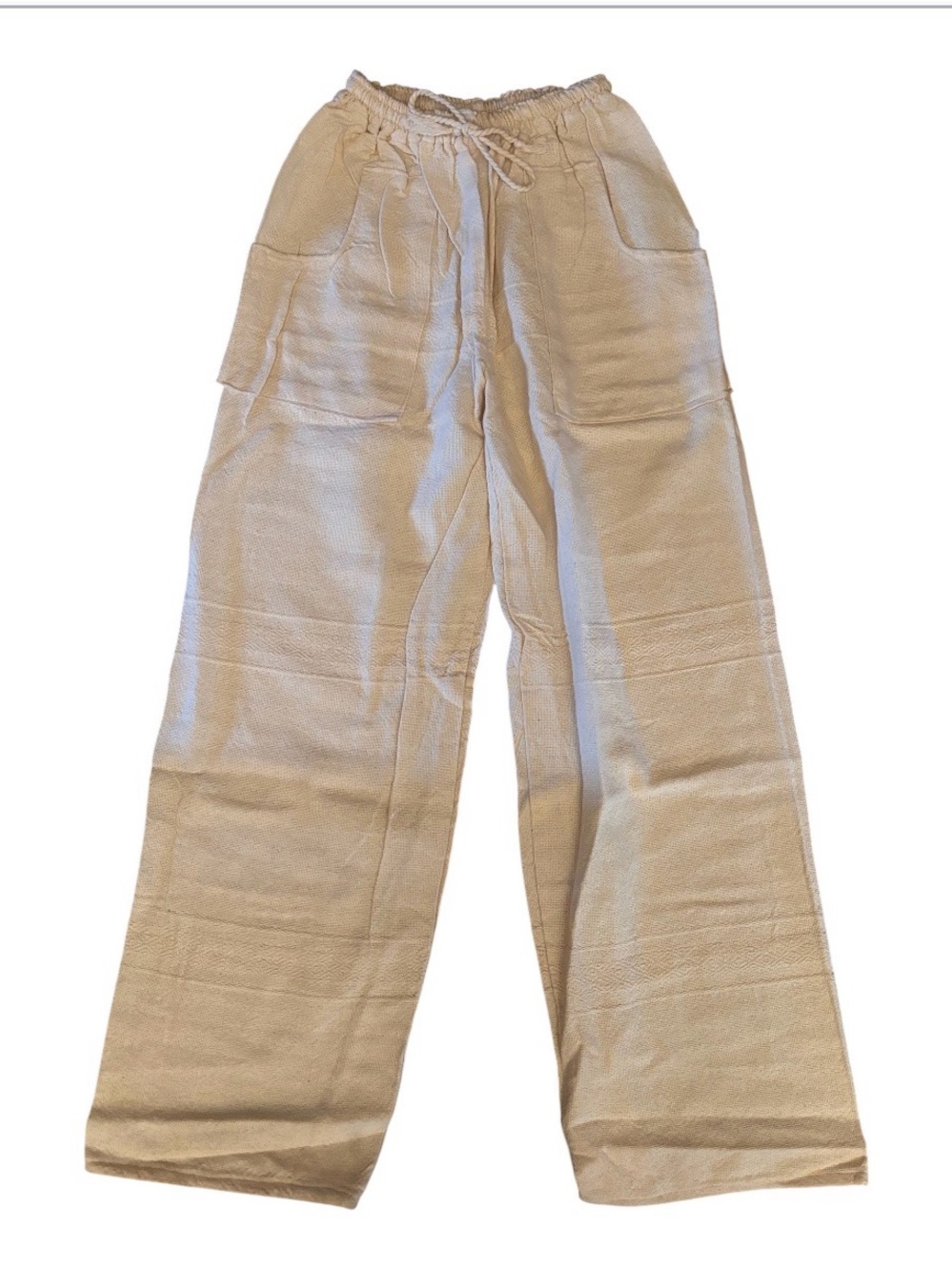 Cream Organic Textured Cinch Waist Wide Leg Pants | Crunchy Unisex Hippie Boho S
